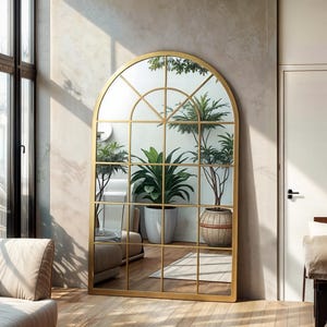 Gothic Arched Window Pane Wall Mirror, Elegant Window Look Mirror for Living Room, Entryway or Garden | Full Body Vintage Style Wall Decor