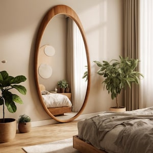 Handmade Walnut Wood Asymmetrical Full Length Mirror: Modern Rustic Decor
