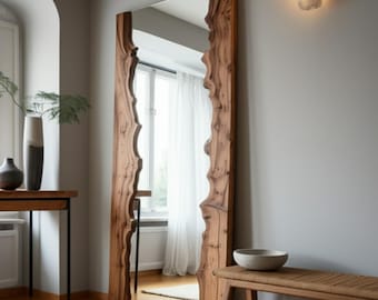 Handgefertigter Ganzkörper-Spiegel, Live Edge Holzrahmen, Wohnkultur-Wandkunst