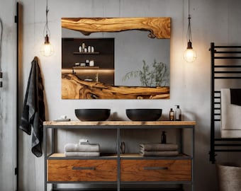 Espejo rectangular de mediados de siglo, con marco de madera, ideal como regalo para un baño nuevo, de madera auténtica y con borde natural.