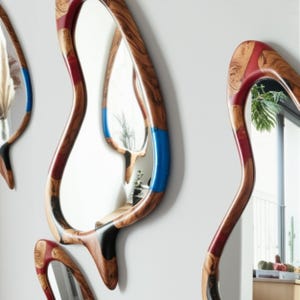 Epoxy Olive Wood Mirror: Irregular Asymmetric Wall Decor