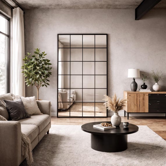 Full Body Oversize Arched Mirror, Full Length Arched Window Mirror, Wooden Frame Big Farmhouse Mirror, Rectangular Tall Window Pane Mirror