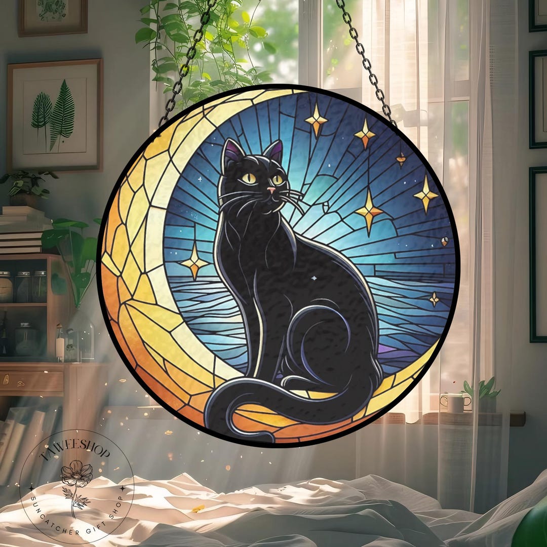 Black Cat on Moon Stained Glass Suncatcher,personalized Glass Art ...