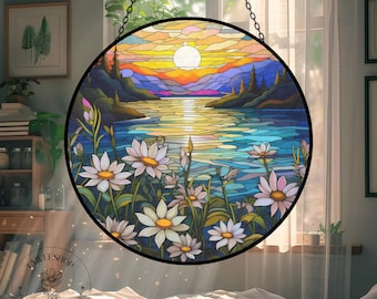 Daisy Sunrise Stained Glass Suncatcher,Personalized Glass Art,Elegant Window Hanging,Glass Home Decor,Cure Garden Gift,Mother's Day Gift Set
