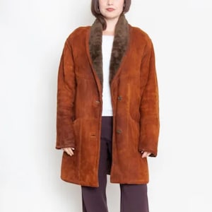Vintage 70s Suede Shearling Coat: Women&#39;s Rust Brown Winter Jacket