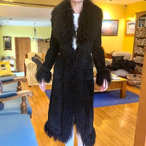 Women Long Penny Lane Coat | Mongolian Fur Coat | 1970s Black Afghan Coat | Women Y2k Bohemian Maxi Coat | Suede Leather Women Coat