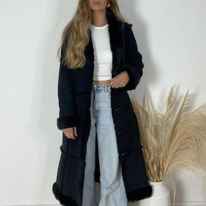Women Penny Lane Long Leather Coat Fur Trim Afghan Coat 70&#39;s Vintage Boho hippie Shearling Coat Vintage Bohemian Y2k Long Winter Coat cWomen