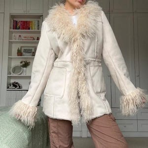 Vintage 70s Penny Lane Coat Women Afghan Fur Trim Coat Real Mongolian Fur Bohemian Coat Women Mid Length Coat