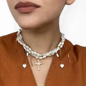 Luxury Handmade Pearl Gold Choker Necklace with Cross & Heart Charm Elegant Layered Jewelry,baroque pearl necklace