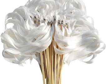 50 PCS Ribbon Wands with Triple Ribbon and Silver Bell Party Wand Party Favors Streamers Ribbon Sticks Magic Fairy Wands for Wedding Decors.