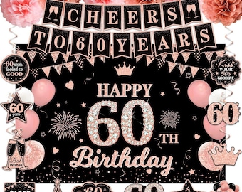Happy 60th Birthday Decorations for Women, Rose Gold Cheers to 60 Years Banner, 60th Birthday Backdrop Hanging Swirl