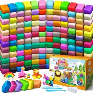 May include: A large collection of 150 individual blocks of air dry clay in a wide variety of colors, arranged in a grid. The set includes a cardboard box labeled 150 Colors Air Dry Clay, several small clay figures, and blue plastic sculpting tools.