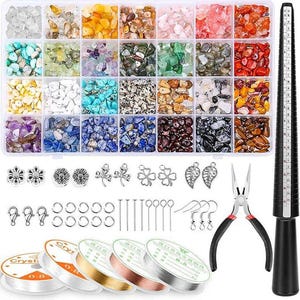 May include: A jewelry making kit featuring a rectangular plastic organizer filled with twenty-eight compartments of assorted colorful gemstone chips, metal charms, jump rings, earring hooks, pliers, five spools of wire, and a black ring sizer.