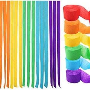 May include: Rainbow crepe paper streamers in red, orange, yellow, green, blue, and purple. The streamers are in rolls and are ready to be used for decorating.