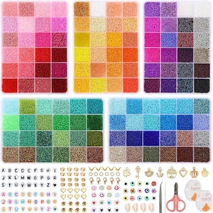 May include: A craft kit with a variety of colorful beads, including pinks, yellows, greens, blues, and purples, arranged in divided containers. Additional accessories include letter beads, charms, clasps, scissors, and thread. Ideal for jewelry making and crafting.