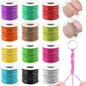 May include: A collection of colorful flat cord spools in various colors, including purple, green, red, orange, brown, yellow, pink, blue, black, and white. The image also shows examples of bracelets and a keychain made with the cord.