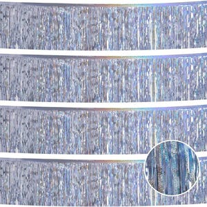 May include: Four rows of silver iridescent fringe, perfect for adding a touch of sparkle to any party or event.