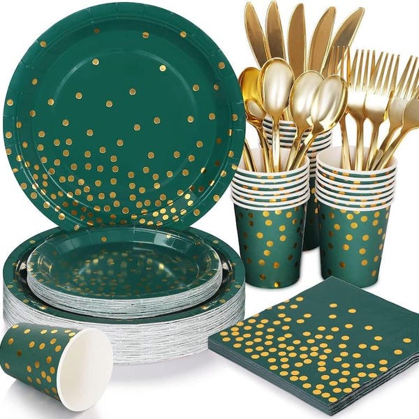 175Pcs Green Plates and Napkins Party Supplies, Green and Gold Party Decorations for Party, Birthday Graduation Party Decorations Serve 25