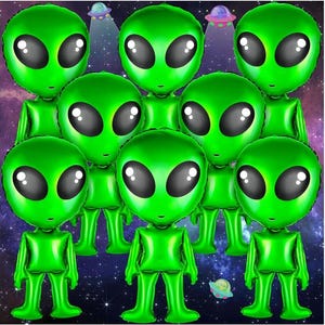 May include: A group of green alien-shaped foil balloons with large black oval eyes and small arms and legs. The balloons are arranged in a cluster, with a space-themed background featuring planets and flying saucers.