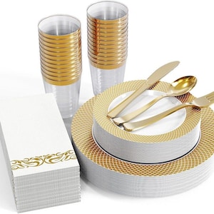 May include: A stack of white plates with gold rims and a gold geometric pattern, stacked next to gold cutlery, clear plastic cups with gold rims, and a stack of white napkins with a gold decorative border.