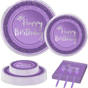 May include: A party supplies set featuring purple plates, napkins, and forks. The plates and napkins have a silver "Happy Birthday" message and a crown design. The plates are in two sizes, and the forks are purple.