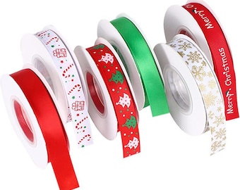 May include: A collection of six ribbon spools featuring various designs including solid red and green satin, white with red candy canes and gifts, red with green trees, white with gold snowflakes, and red with Merry Christmas text.