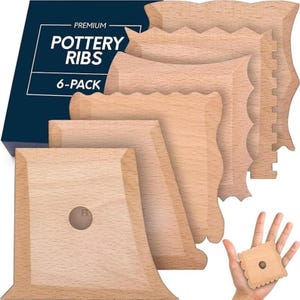 May include: A set of six light brown wooden pottery ribs with various edge shapes, including smooth, scalloped, and serrated designs. Each tool features a circular hole, and the packaging is a dark blue box labeled Premium Pottery Ribs 6-Pack.