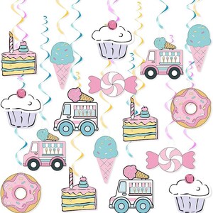 May include: A set of 12 colorful swirl party decorations featuring various sweet treats, including cupcakes, ice cream cones, ice cream trucks, donuts, candy, and cakes.