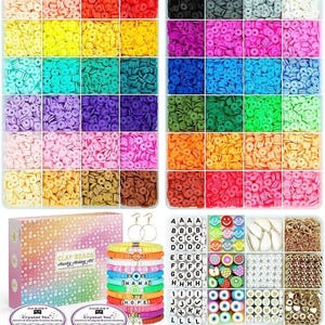 May include: A colorful set of clay beads for jewelry making. The set includes a variety of colors, shapes, and sizes of beads, as well as string, clasps, and other jewelry making supplies. The set also includes a box of letter beads, a box of smiley face beads, and a box of other decorative beads. The set is perfect for making bracelets, necklaces, and other jewelry.