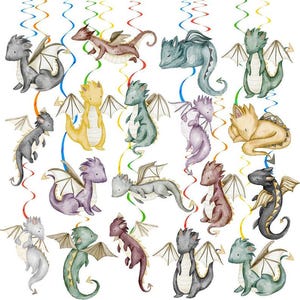 May include: Watercolor illustration of various dragons in shades of gray, green, purple, yellow, and brown. Each dragon has detailed wings and is set against a white background with colorful, swirling streamers. A whimsical fantasy theme.