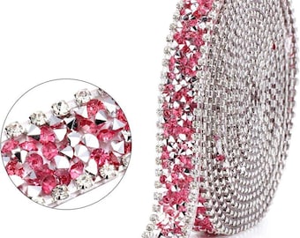 3 Yard x 0.6" Crystal Rhinestone Ribbon Pink Iron on Bling Rhinestone Trim Sparkling Diamond Ribbon Roll Decor Sewn on Banding Belt Wrap