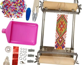 Adjustable Bead Loom Kit with Seed Beads, Large Eye Curved Beading Needle, Funnel Tray, Lobster Clasp, Open Ring and Bead Mat