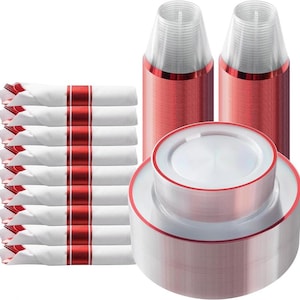 May include: A collection of disposable tableware, including white plates with red trim, clear plastic cups with red bases, and folded white napkins with red stripes. Ideal for parties and events.