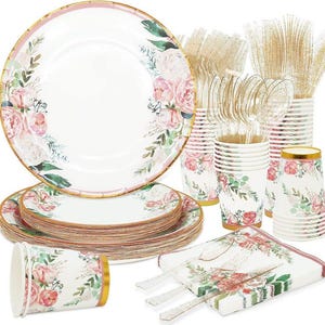 Floral Party Supplies - Bridal Shower Paper Plates & Napkin Set for 24 Guests - Disposable Dinnerware: Plates, Cups, Cutlery for Baby Shower