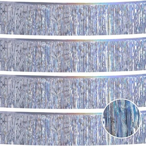 May include: Silver metallic fringe curtain with a holographic sheen. The curtain is made of thin, vertical strips of shiny material, creating a shimmering effect. The fringe is attached to a horizontal band at the top. Ideal for party decorations and backdrops.