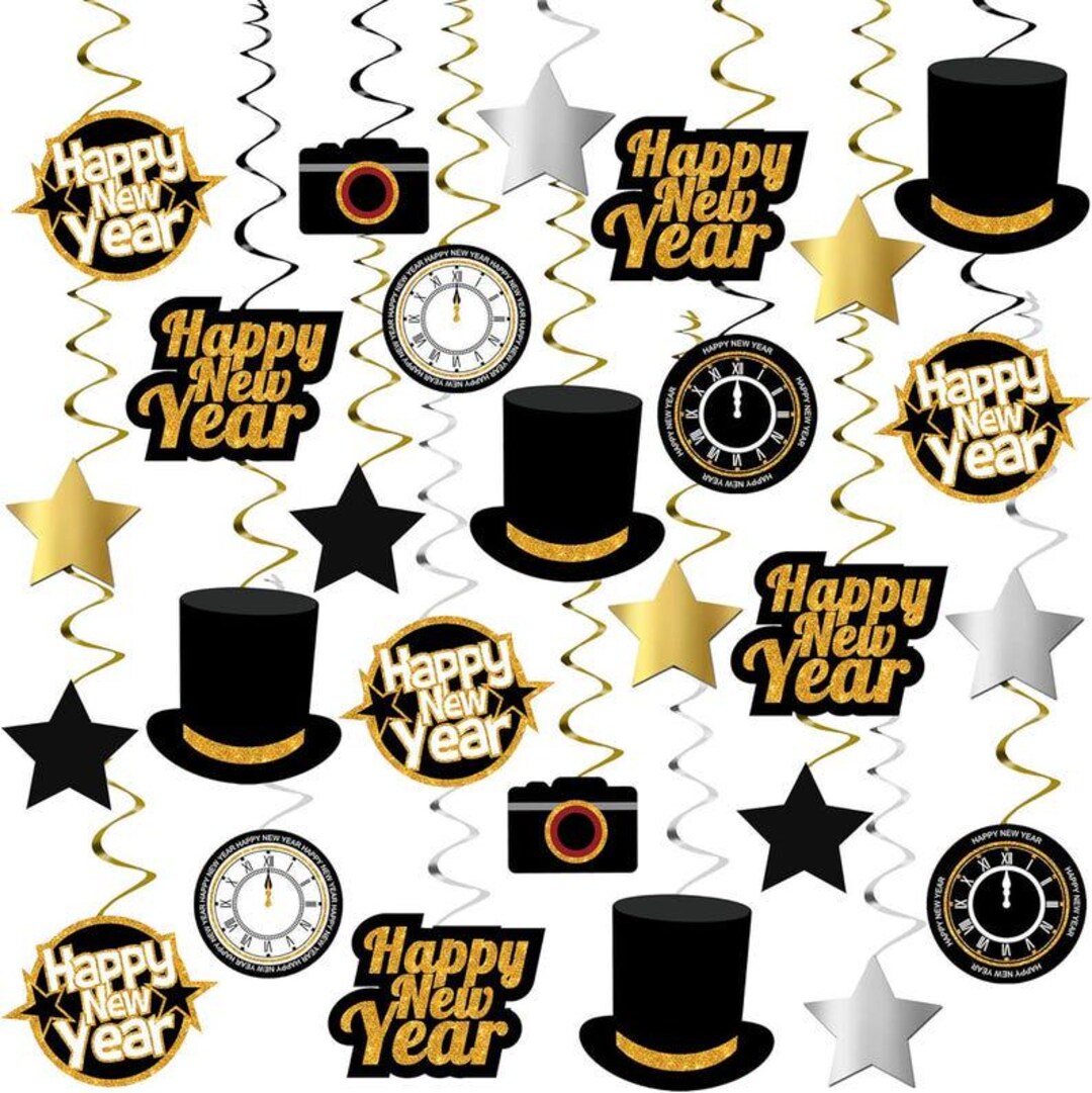 Pack of 30 Black and Gold New Years Eve Party Supplies 2025 Happy New ...