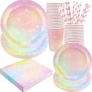 May include: A party supplies set featuring pastel rainbow-colored plates, cups, and napkins. The plates and napkins have a shimmering effect. Red and white striped cups and straws with red polka dots are also included.