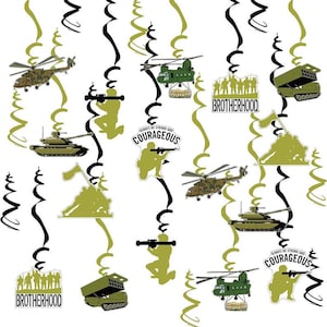 May include: Green and black military themed party decorations with helicopters, tanks, soldiers, and the words "Always be strong and courageous" and "Brotherhood".