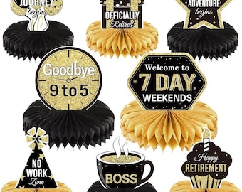 8 Pieces Retirement Centerpiece Party Table Decorations Gold and Black Officially Happy Retirement Honeycomb Decorations for Men Women Party