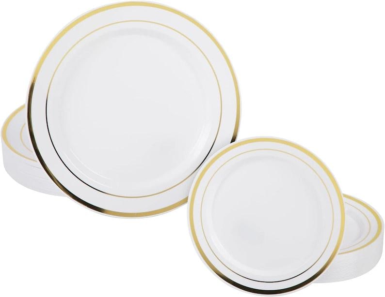 50-piece Plastic Plates Disposable Set - White With Gold Rimmed Plastic ...