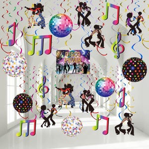 May include: A festive disco-themed party decoration set. Includes colorful disco balls, musical notes, dancing figures, and the text "DISCO FEVER". The decorations are suspended with colorful streamers.