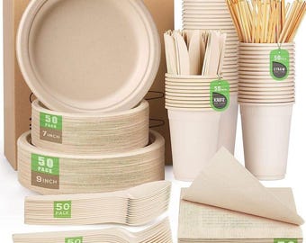 400 Compostable Paper Plates Set Eco-friendly Heavy-duty Disposable Paper Plates Cutlery Includes Biodegradable Plate, Forks, Knives, Spoons