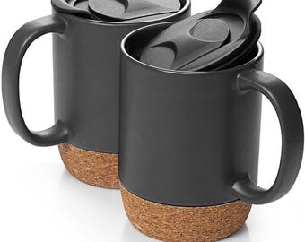 Coffee Mug, 15 oz Mug Set of 2, Large Ceramic Coffee Mug with Cork Bottom and Spill Proof Lid for Mom Dad, Big Mug for Latte Tea, Matte Grey
