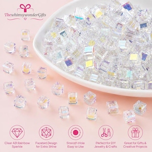 May include: A collection of clear, cube-shaped beads with an iridescent AB finish. The beads are scattered on a light pink surface and piled in a white dish. The image includes the text ThewhimsywonderGifts, Clear AB Rainbow Sparkle, Faceted Design for Extra Shine, Smooth Hole Easy to Use, Perfect for DIY Jewelry & Crafts, and Great for Gifts & Creative Projects.