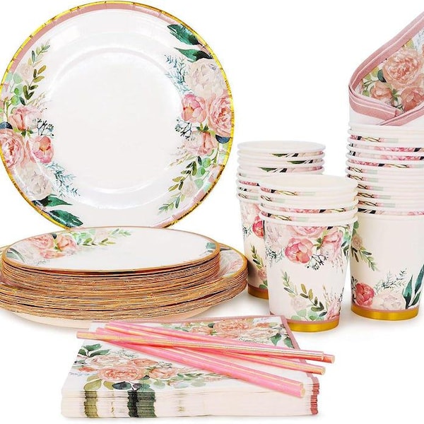 Floral Party Supplies paper plates and Napkins Sets for 24 Guest-Include Floral Disposable Paper Plates,Cups,Napkin forr Bridal Shower