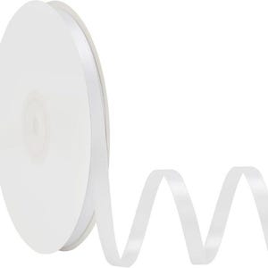May include: A spool of white satin ribbon. The ribbon is unwound, showing a wavy length of the same white material. The spool is round and the ribbon is smooth and shiny. Perfect for crafts, gift wrapping, and decorations.