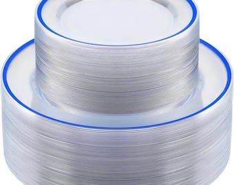 100PCS Blue and Clear Plastic Plates, Disposable Plate Set with 50 Dinner Plates and 50 Dessert Plates for Party, National Day, Memorial Day