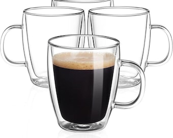 Double Wall Glass Coffee Mugs (4-Pack) - 12 Ounces Clear Glass Coffee Cups with Handle, Insulated, Heat Resistant