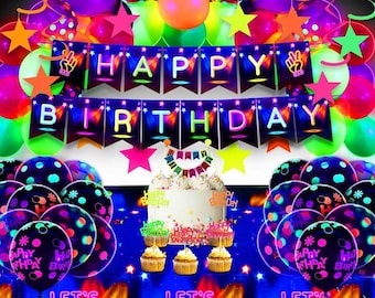 Neon Party Decorations Glow in the Dark Birthday Supplies Set Neon Balloons Fluorescent Hanging Stars Glow Party Happy Birthday Banner