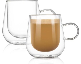 Double Wall Insulated Coffee Mugs (Set of 2 / 12oz) - Clear Borosilicate Mug with Handle - Thermal Drinking Cups for Espresso, Cappuccino